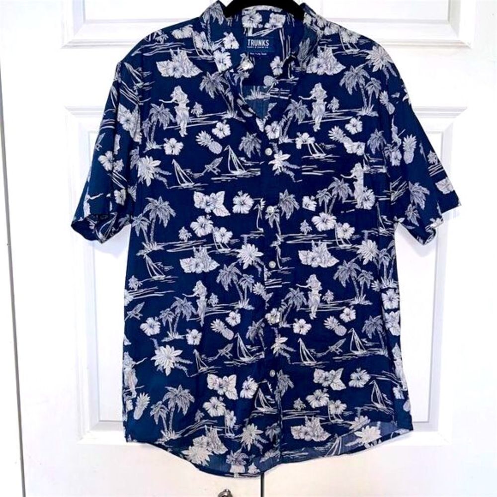 Trunks Surf & Swim Co Men's Hawaiian Shirt Blue Graphic Print Size L